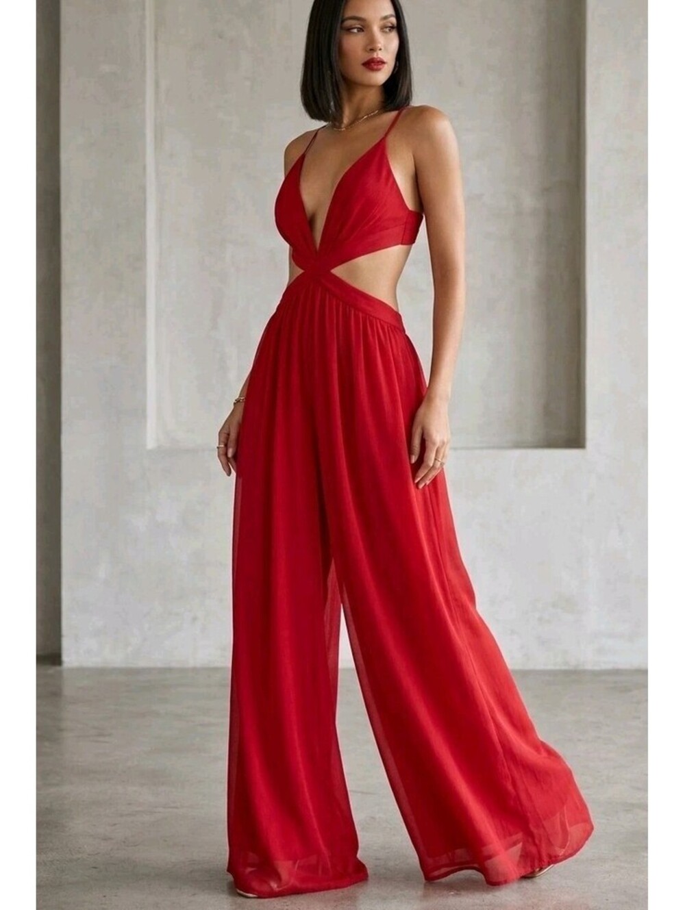 Fashion Nova Jumpsuit Womens M Red Plunge Neck Cutout Backless Wide Leg Chiffon